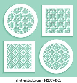 Templates for laser cutting, plotter cutting, printing. Round and square line patterns. Geometric design cut out of paper. Mandala Islamic die cut ornament. Fretwork panels, cutout silhouette stencils