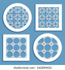 Templates for laser cutting, plotter cutting, printing. Round and square line patterns. Geometric design cut out of paper. Mandala Islamic die cut ornament. Fretwork panels, cutout silhouette stencils