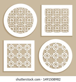 Templates for laser cutting, plotter cutting, printing. Round and square line patterns. Geometric design cut out of paper. Mandala Islamic die cut ornament. Fretwork panels, cutout silhouette stencils