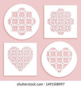 Templates for laser cutting, plotter cutting, printing. Heart and flower shape line pattern. Geometric design cut out of paper. Mandala die cut ornament. Fretwork panels, cutout silhouette stencils