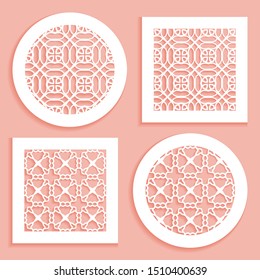 Templates for laser cutting, plotter cutting, printing. Round and square line patterns. Geometric design cut out of paper. Mandala Islamic die cut ornament. Fretwork panels, cutout silhouette stencils
