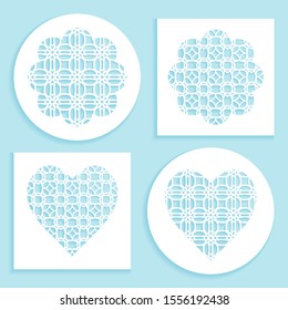 Templates for laser cutting, plotter cutting, printing. Heart and flower shape line pattern. Geometric design cut out of paper. Mandala die cut ornament. Fretwork panels, cutout silhouette stencils