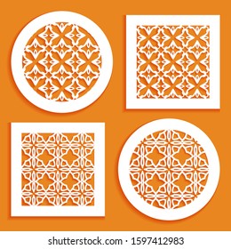 Templates for laser cutting, plotter cutting, printing. Round and square line patterns. Geometric design cut out of paper. Mandala Islamic die cut ornament. Fretwork panels, cutout silhouette stencils