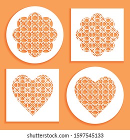 Templates for laser cutting, plotter cutting, printing. Heart and flower shape line pattern. Geometric design cut out of paper. Mandala die cut ornament. Fretwork panels, cutout silhouette stencils