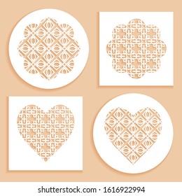 Templates for laser cutting, plotter cutting, printing. Heart and flower shape line pattern. Geometric design cut out of paper. Mandala die cut ornament. Fretwork panels, cutout silhouette stencils