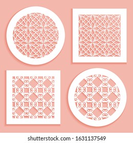 Templates for laser cutting, plotter cutting, printing. Round and square line patterns. Geometric design cut out of paper. Mandala Islamic die cut ornament. Fretwork panels, cutout silhouette stencils