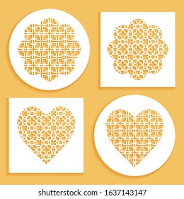 Templates for laser cutting, plotter cutting, printing. Heart and flower shape line pattern. Geometric design cut out of paper. Mandala die cut ornament. Fretwork panels, cutout silhouette stencils