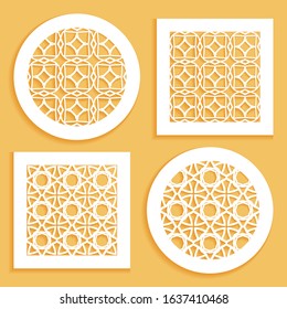 Templates for laser cutting, plotter cutting, printing. Round and square line patterns. Geometric design cut out of paper. Mandala Islamic die cut ornament. Fretwork panels, cutout silhouette stencils