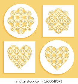 Templates for laser cutting, plotter cutting, printing. Heart and flower shape line pattern. Geometric design cut out of paper. Mandala die cut ornament. Fretwork panels, cutout silhouette stencils