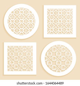 Templates for laser cutting, plotter cutting, printing. Round and square line patterns. Geometric design cut out of paper. Mandala Islamic die cut ornament. Fretwork panels, cutout silhouette stencils