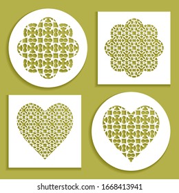 Templates for laser cutting, plotter cutting, printing. Heart and flower shape line pattern. Geometric design cut out of paper. Mandala die cut ornament. Fretwork panels, cutout silhouette stencils