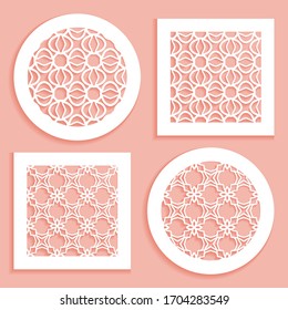 Templates for laser cutting, plotter cutting, printing. Round and square line patterns. Geometric design cut out of paper. Mandala Islamic die cut ornament. Fretwork panels, cutout silhouette stencils