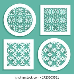 Templates for laser cutting, plotter cutting, printing. Round and square line patterns. Geometric design cut out of paper. Mandala Islamic die cut ornament. Fretwork panels, cutout silhouette stencils