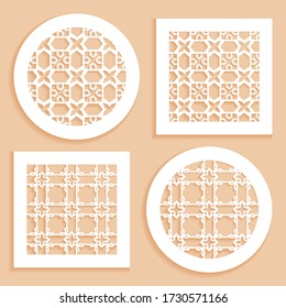 Templates for laser cutting, plotter cutting, printing. Round and square line patterns. Geometric design cut out of paper. Mandala Islamic die cut ornament. Fretwork panels, cutout silhouette stencils