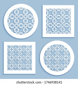 Templates for laser cutting, plotter cutting, printing. Round and square line patterns. Geometric design cut out of paper. Mandala Islamic die cut ornament. Fretwork panels, cutout silhouette stencils