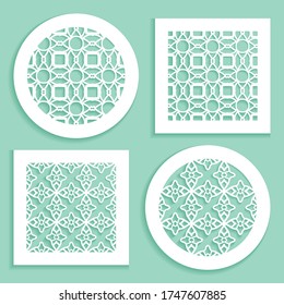 Templates for laser cutting, plotter cutting, printing. Round and square line patterns. Geometric design cut out of paper. Mandala Islamic die cut ornament. Fretwork panels, cutout silhouette stencils