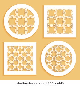 Templates for laser cutting, plotter cutting, printing. Round and square line patterns. Geometric design cut out of paper. Mandala Islamic die cut ornament. Fretwork panels, cutout silhouette stencils