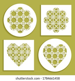 Templates for laser cutting, plotter cutting, printing. Heart and flower shape line pattern. Geometric design cut out of paper. Mandala die cut ornament. Fretwork panels, cutout silhouette stencils