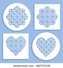 Templates for laser cutting, plotter cutting, printing. Heart and flower shape line pattern. Geometric design cut out of paper. Mandala die cut ornament. Fretwork panels, cutout silhouette stencils