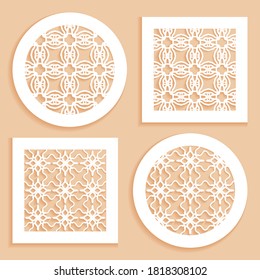 Templates for laser cutting, plotter cutting, printing. Round and square line patterns. Geometric design cut out of paper. Mandala Islamic die cut ornament. Fretwork panels, cutout silhouette stencils