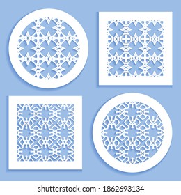 Templates for laser cutting, plotter cutting, printing. Round and square line patterns. Geometric design cut out of paper. Mandala Islamic die cut ornament. Fretwork panels, cutout silhouette stencils