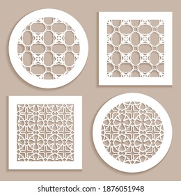 Templates for laser cutting, plotter cutting, printing. Round and square line patterns. Geometric design cut out of paper. Mandala Islamic die cut ornament. Fretwork panels, cutout silhouette stencils