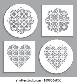 Templates for laser cutting, plotter cutting, printing. Heart and flower shape line pattern. Geometric design cut out of paper. Mandala die cut ornament. Fretwork panels, cutout silhouette stencils