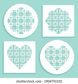 Templates for laser cutting, plotter cutting, printing. Heart and flower shape line pattern. Geometric design cut out of paper. Mandala die cut ornament. Fretwork panels, cutout silhouette stencils