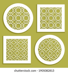 Templates for laser cutting, plotter cutting, printing. Round and square line patterns. Geometric design cut out of paper. Mandala Islamic die cut ornament. Fretwork panels, cutout silhouette stencils