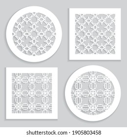 Templates for laser cutting, plotter cutting, printing. Round and square line patterns. Geometric design cut out of paper. Mandala Islamic die cut ornament. Fretwork panels, cutout silhouette stencils