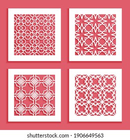 Templates for laser cutting, plotter cutting, printing. Square line patterns set. Geometric design cut out of paper. Mandala Islamic die cut ornament. Fretwork panels, cutout silhouette stencils