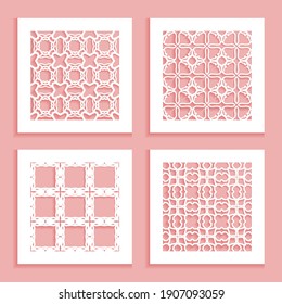Templates for laser cutting, plotter cutting, printing. Square line patterns set. Geometric design cut out of paper. Mandala Islamic die cut ornament. Fretwork panels, cutout silhouette stencils