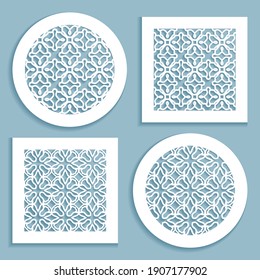 Templates for laser cutting, plotter cutting, printing. Round and square line patterns. Geometric design cut out of paper. Mandala Islamic die cut ornament. Fretwork panels, cutout silhouette stencils