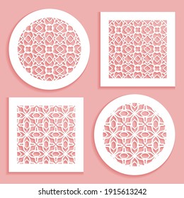 Templates for laser cutting, plotter cutting, printing. Round and square line patterns. Geometric design cut out of paper. Mandala Islamic die cut ornament. Fretwork panels, cutout silhouette stencils