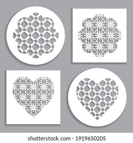 Templates for laser cutting, plotter cutting, printing. Heart and flower shape line pattern. Geometric design cut out of paper. Mandala die cut ornament. Fretwork panels, cutout silhouette stencils