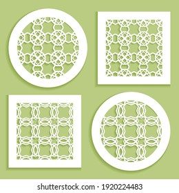 Templates for laser cutting, plotter cutting, printing. Round and square line patterns. Geometric design cut out of paper. Mandala Islamic die cut ornament. Fretwork panels, cutout silhouette stencils