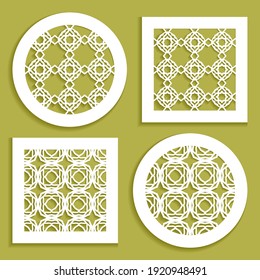 Templates for laser cutting, plotter cutting, printing. Round and square line patterns. Geometric design cut out of paper. Mandala Islamic die cut ornament. Fretwork panels, cutout silhouette stencils