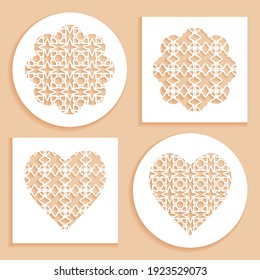 Templates for laser cutting, plotter cutting, printing. Heart and flower shape line pattern. Geometric design cut out of paper. Mandala die cut ornament. Fretwork panels, cutout silhouette stencils