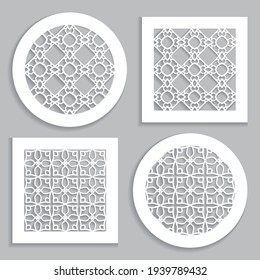 Templates for laser cutting, plotter cutting, printing. Round and square line patterns. Geometric design cut out of paper. Mandala Islamic die cut ornament. Fretwork panels, cutout silhouette stencils