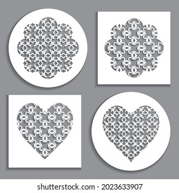 Templates for laser cutting, plotter cutting, printing. Heart and flower shape line pattern. Geometric design cut out of paper. Mandala die cut ornament. Fretwork panels, cutout silhouette stencils