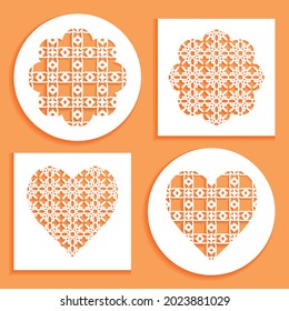 Templates for laser cutting, plotter cutting, printing. Heart and flower shape line pattern. Geometric design cut out of paper. Mandala die cut ornament. Fretwork panels, cutout silhouette stencils