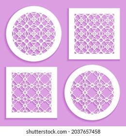 Templates for laser cutting, plotter cutting, printing. Round and square line patterns. Geometric design cut out of paper. Mandala Islamic die cut ornament. Fretwork panels, cutout silhouette stencils