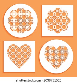 Templates for laser cutting, plotter cutting, printing. Heart and flower shape line pattern. Geometric design cut out of paper. Mandala die cut ornament. Fretwork panels, cutout silhouette stencils