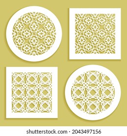 Templates for laser cutting, plotter cutting, printing. Round and square line patterns. Geometric design cut out of paper. Mandala Islamic die cut ornament. Fretwork panels, cutout silhouette stencils