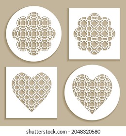 Templates for laser cutting, plotter cutting, printing. Heart and flower shape line pattern. Geometric design cut out of paper. Mandala die cut ornament. Fretwork panels, cutout silhouette stencils