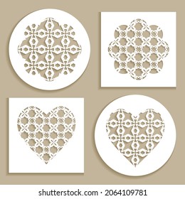 Templates for laser cutting, plotter cutting, printing. Heart and flower shape line pattern. Geometric design cut out of paper. Mandala die cut ornament. Fretwork panels, cutout silhouette stencils