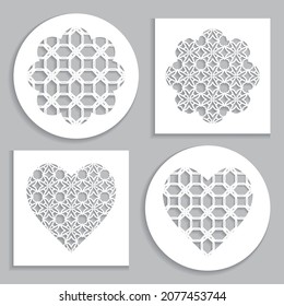 Templates for laser cutting, plotter cutting, printing. Heart and flower shape line pattern. Geometric design cut out of paper. Mandala die cut ornament. Fretwork panels, cutout silhouette stencils