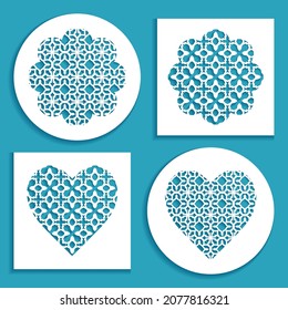 Templates for laser cutting, plotter cutting, printing. Heart and flower shape line pattern. Geometric design cut out of paper. Mandala die cut ornament. Fretwork panels, cutout silhouette stencils