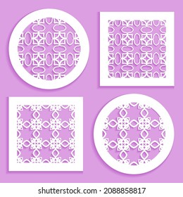 Templates for laser cutting, plotter cutting, printing. Round and square line patterns. Geometric design cut out of paper. Mandala Islamic die cut ornament. Fretwork panels, cutout silhouette stencils