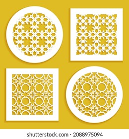 Templates for laser cutting, plotter cutting, printing. Round and square line patterns. Geometric design cut out of paper. Mandala Islamic die cut ornament. Fretwork panels, cutout silhouette stencils